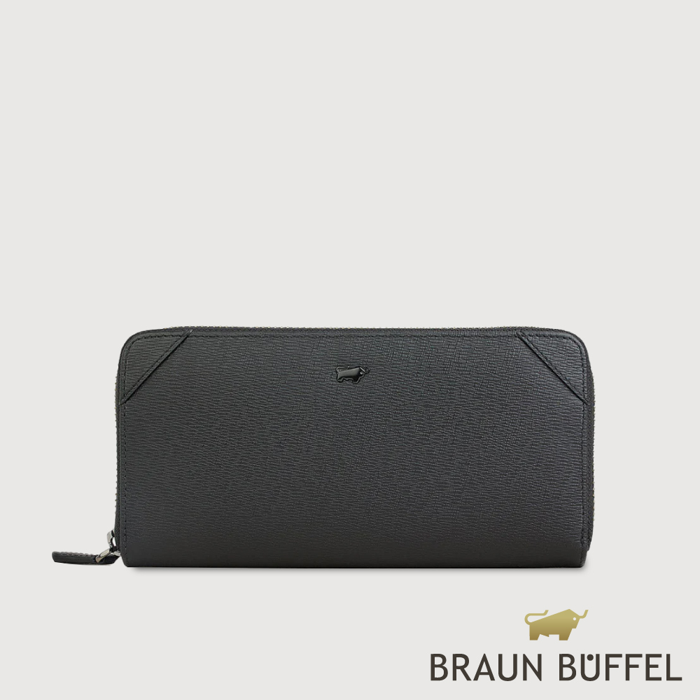 BRAUN BUFFEL 德國小金牛 台灣總代理 斯萊特-A 8卡拉鍊長夾-黑色/BF565-601-BK