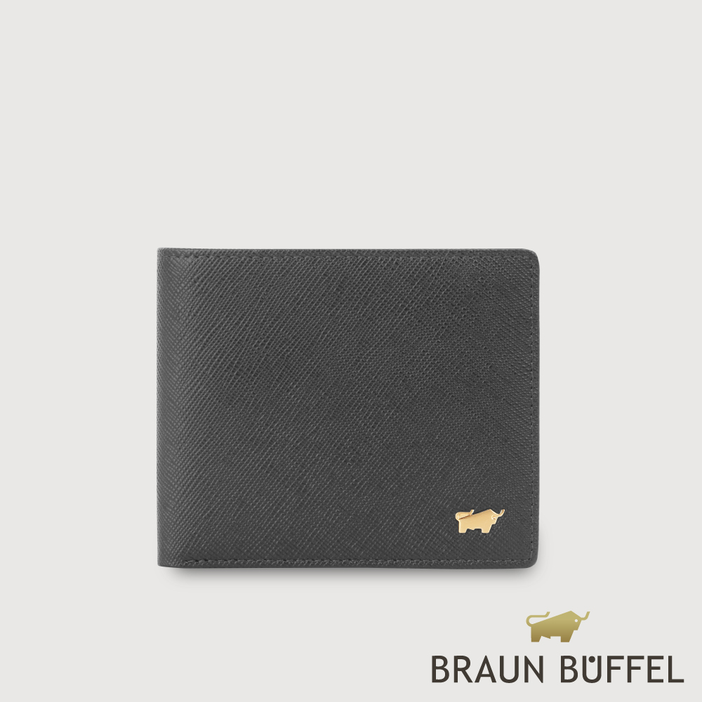 BRAUN BUFFEL 德國小金牛 台灣總代理 尚恩A 8卡皮夾-黑色(金色LOGO款)/BF354-313A-BK