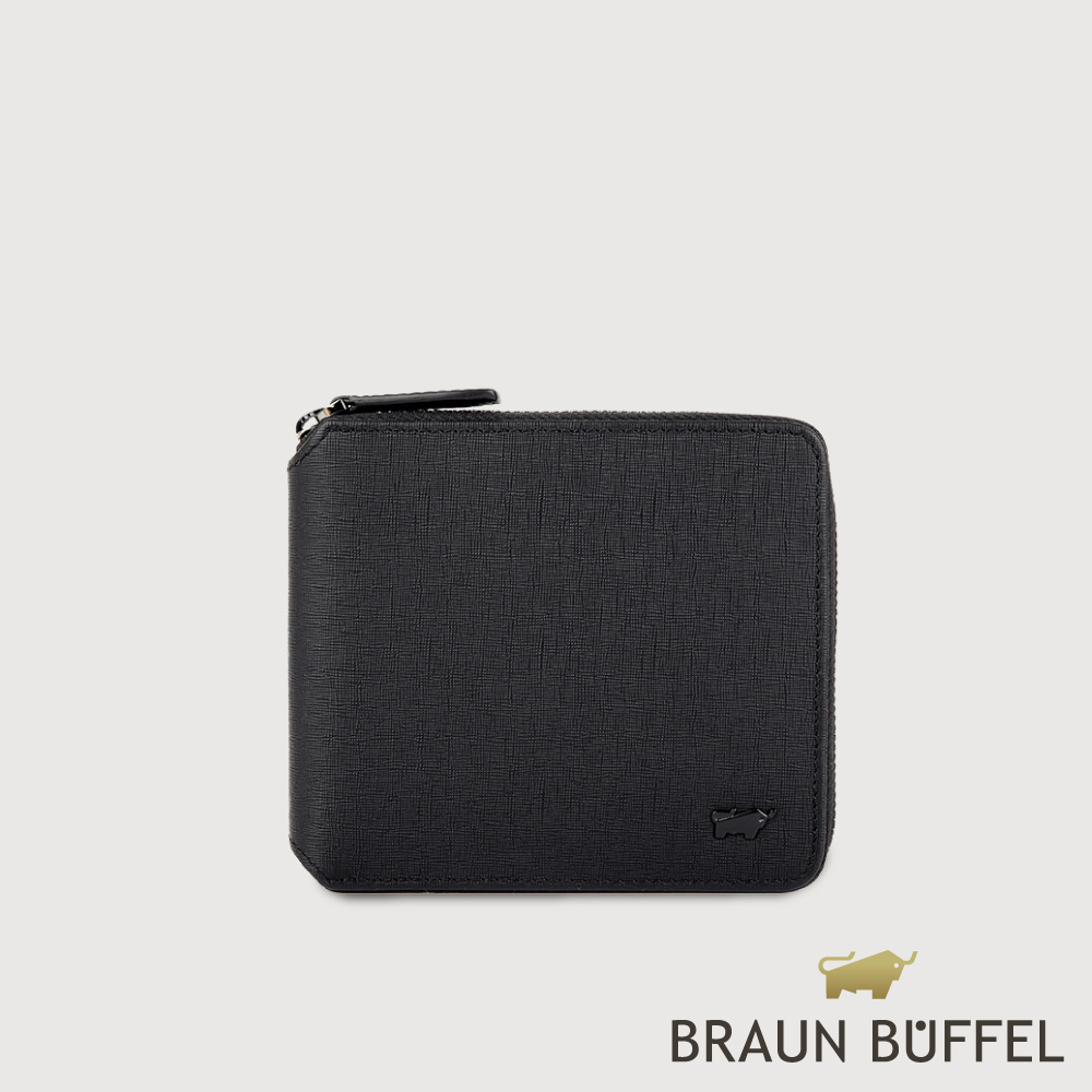 BRAUN BUFFEL 德國小金牛 台灣總代理 維克多-E 8卡拉鍊皮夾-黑色/BF570-328-BK