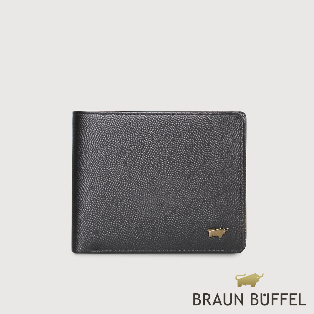 BRAUN BUFFEL 德國小金牛 台灣總代理  至尊 4卡零錢袋皮夾-黑色(金色LOGO款)/BF536-TW315-BK