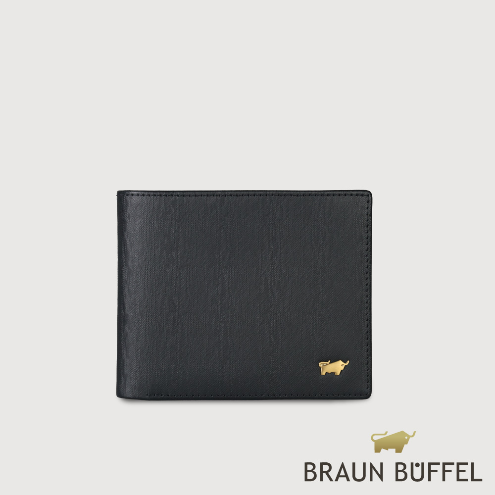 BRAUN BUFFEL 德國小金牛 台灣總代理 HOMME-M 8卡男夾(金色LOGO款)-黑色/BF306-TW313-BK