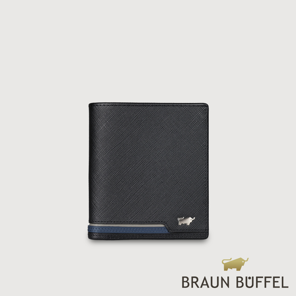 BRAUN BUFFEL 德國小金牛 台灣總代理 飛牛 6卡直立短夾-黑撞藍/BF362-306-BKL