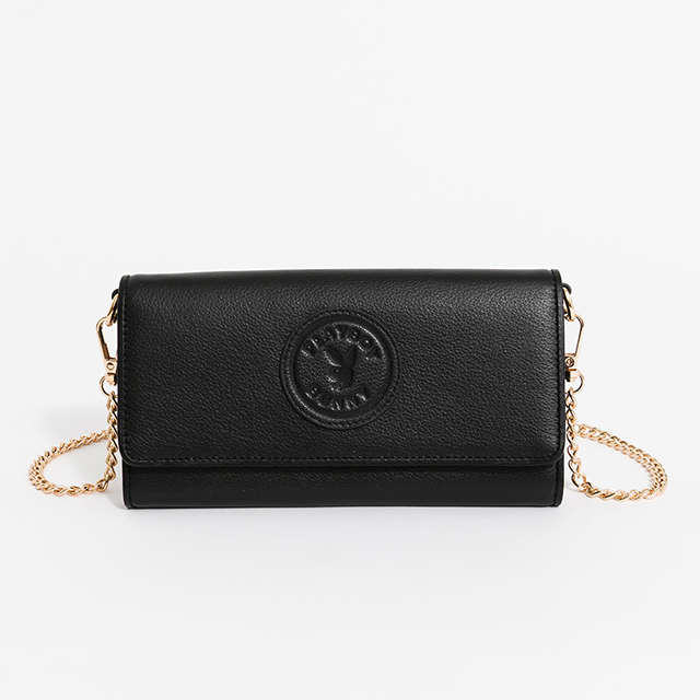PLAYBOY 翻蓋長夾附長鏈帶 Leather Mark系列 - 黑色