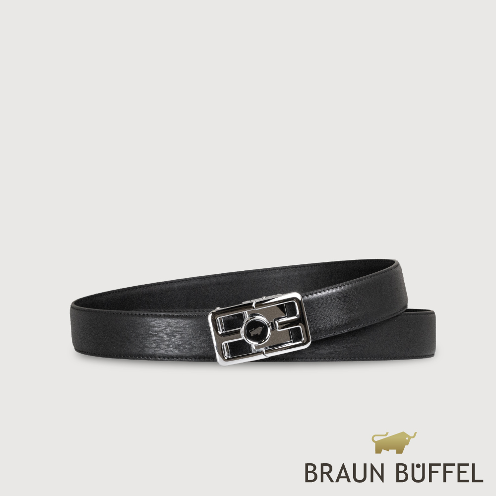 BRAUN BUFFEL 德國小金牛 台灣總代理 時尚紳士 前推式磨砂格柵自動扣皮帶-銀色/BF25S-RO027-SNK