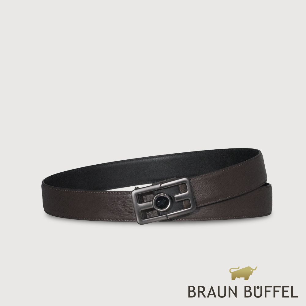 BRAUN BUFFEL 德國小金牛 台灣總代理 時尚紳士 前推式磨砂格柵自動扣皮帶-鎗色/BF25S-RO027-SGU