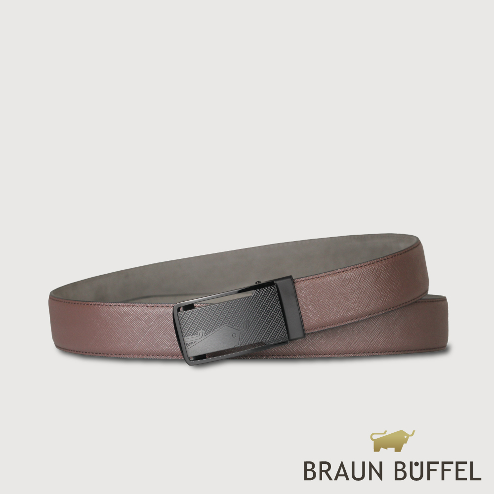 BRAUN BUFFEL 德國小金牛 台灣總代理 時尚紳士 十字壓印自動扣皮帶-鎗色/BF25B-WEG052-SGU