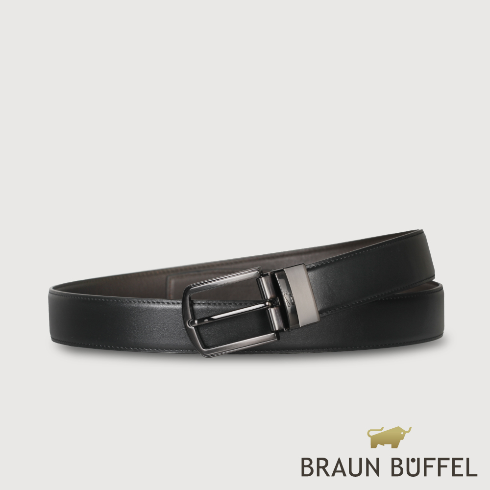 BRAUN BUFFEL 德國小金牛 台灣總代理 時尚紳士 圓弧方扣穿針式皮帶-鎗色/BF25S-RO229T-SGU