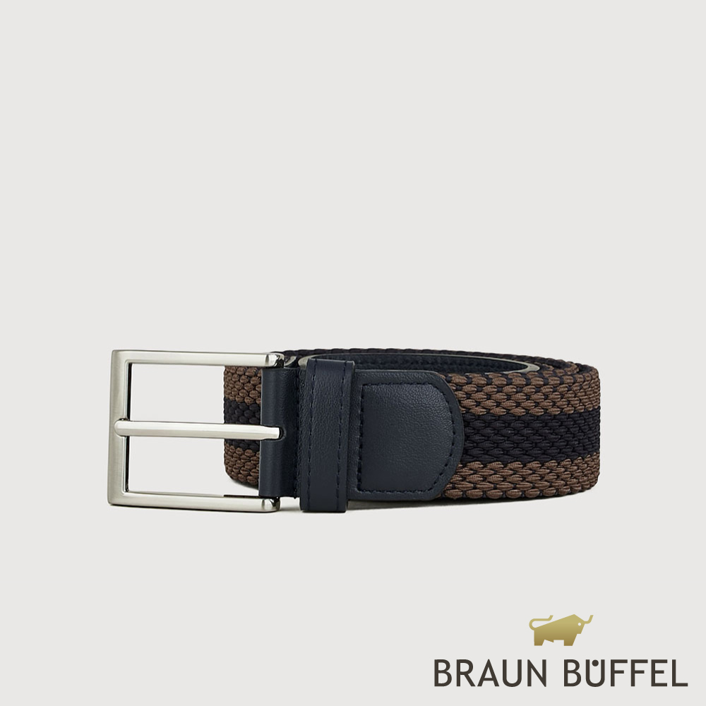 BRAUN BUFFEL 德國小金牛 台灣總代理 都會時尚 雙色編織伸縮皮帶-銀色/BF26B-WEG063-SNK