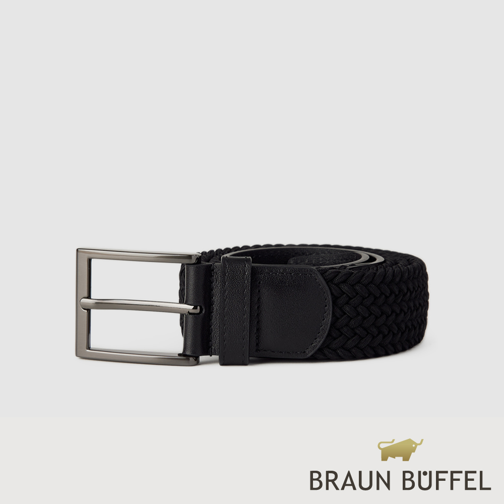 BRAUN BUFFEL 德國小金牛 台灣總代理 都會時尚 黑色編織伸縮皮帶-鎗色/BF26B-WEG065-GUN