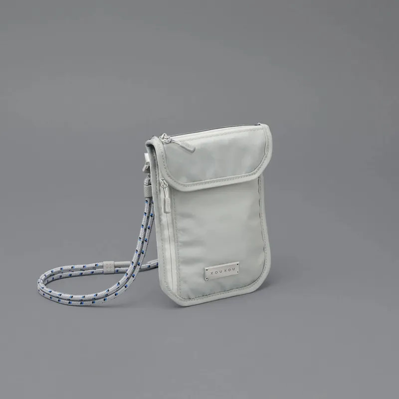 XOUXOU POUCH 機能手機小袋 尼龍斜背小袋V2 (灰色) 旅行護照證件包 + 登山扣掛繩6mm - XX灰色