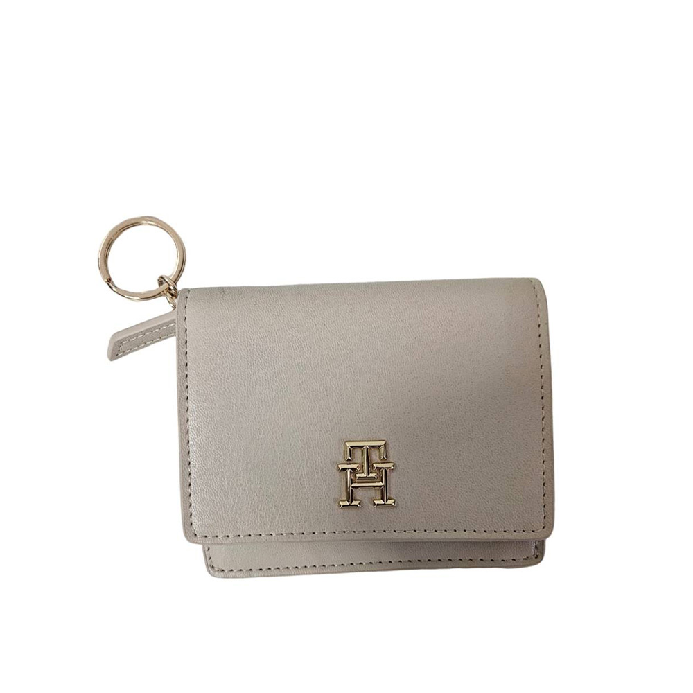 Tommy Hilfiger 湯米 th 女士米色純色卡包鑰使圈包(贈原廠紙袋)