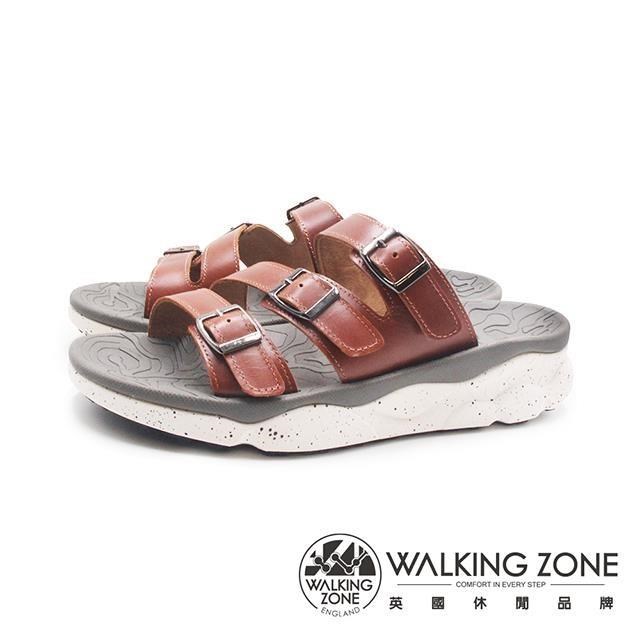 WALKING ZONE (男)三帶皮釦增高厚底拖鞋 男鞋-暖咖色(其他規格)