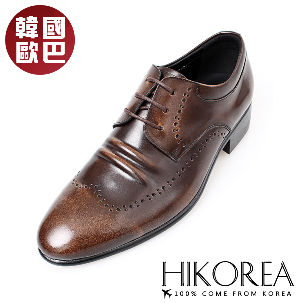 HIKOREA 【韓國增高鞋】正韓製/韓國皮鞋韓國空運手作雕花立體壓摺紳士皮鞋(8-9057/現貨+預購)