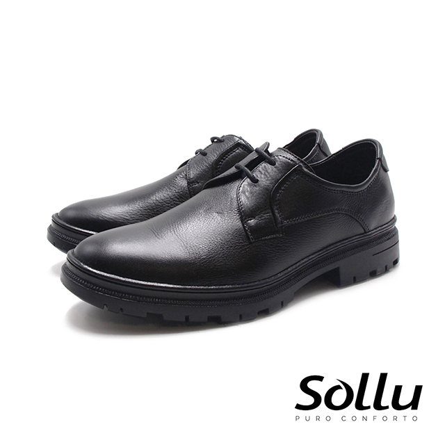 Sollu  巴西專櫃 2孔真皮粗礦工業風綁帶皮鞋-黑