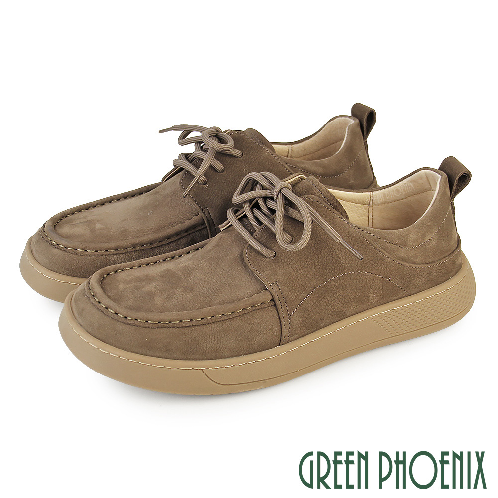 GREEN PHOENIX 波兒德 男 休閒鞋 袋鼠鞋 全真皮 厚底 吸震減壓 手縫大底 綁帶 磨砂T15-12506