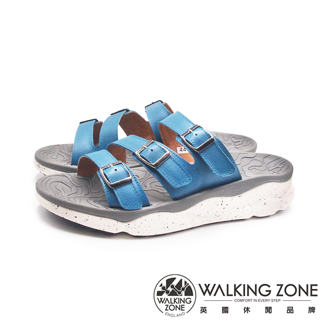 WALKING ZONE (男)三帶皮釦增高厚底拖鞋 男鞋-亮藍色