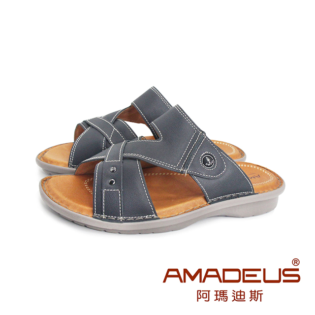 AMADEUS 阿瑪迪斯 (男)真皮減震舒適拖鞋 男鞋-黑藍色