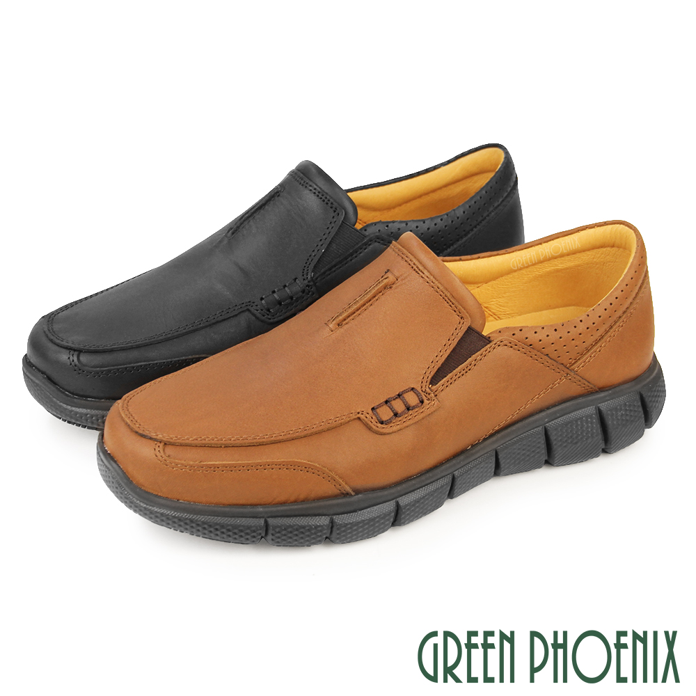 GREEN PHOENIX 波兒德 男 休閒鞋 休閒皮鞋 懶人鞋 全真皮 油蠟牛皮 厚底 商務 吸震減壓 台灣製T29-13856
