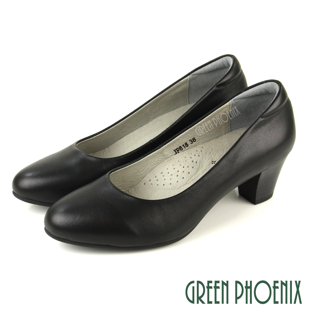 GREEN PHOENIX 波兒德 基本款極簡素面全真皮粗中跟包鞋/通勤面試上班U60-20618
