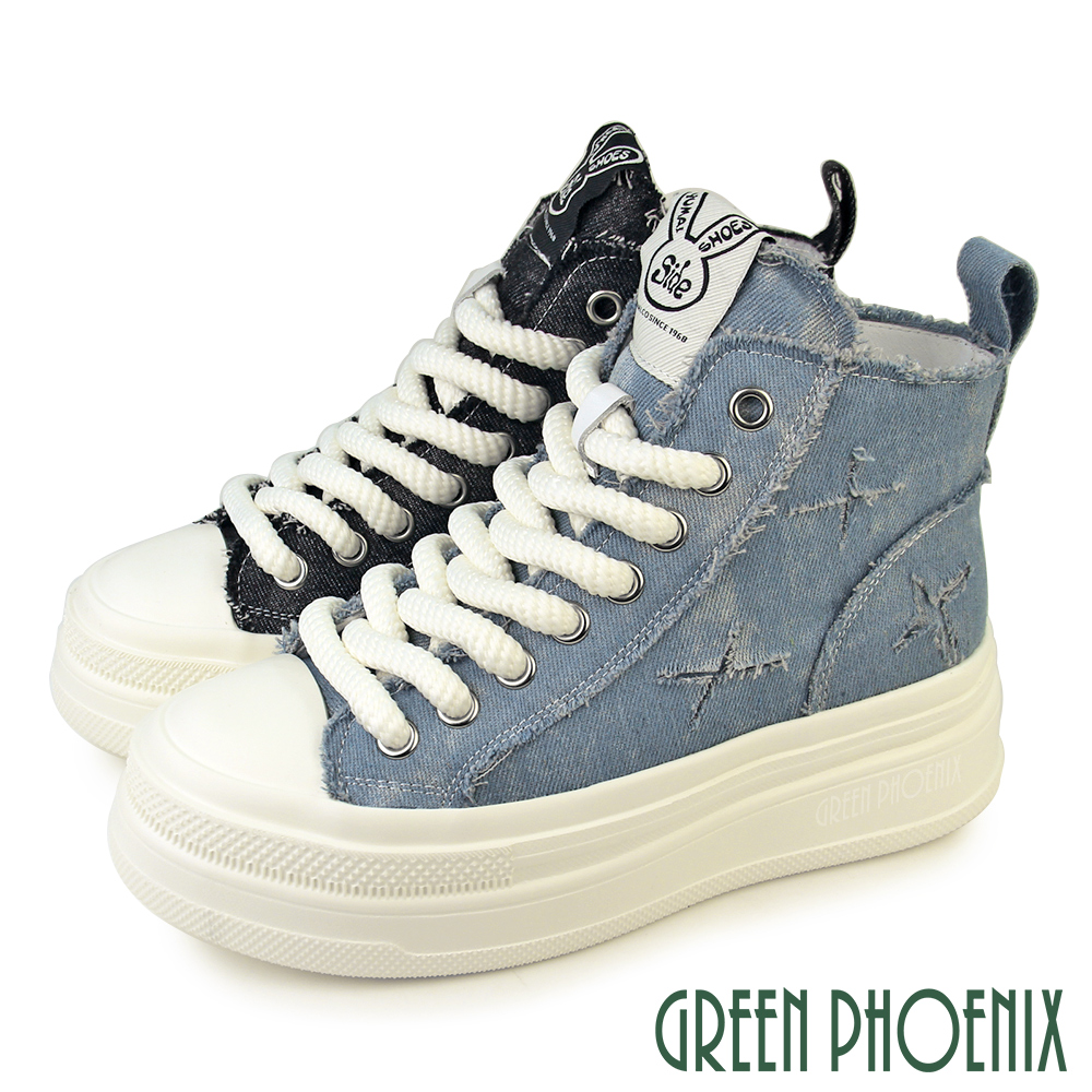 GREEN PHOENIX 波兒德 女 休閒鞋 帆布鞋 休閒靴 短筒 綁帶 輕量厚底 鬆糕 丹寧U52-20209