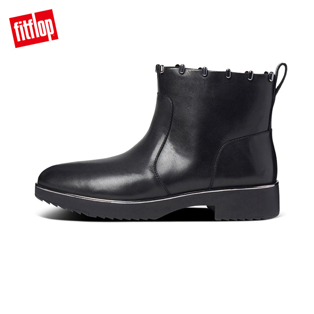 FitFlop JACINTA ART STUD ANKLE BOOTS 柔軟皮革拉鍊裸靴-女(靚黑色)