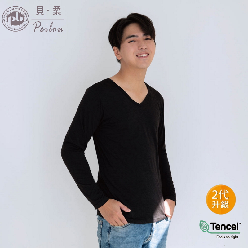 PEILOU 貝柔 天絲棉機能吸濕發熱保暖衣_男V領(黑)