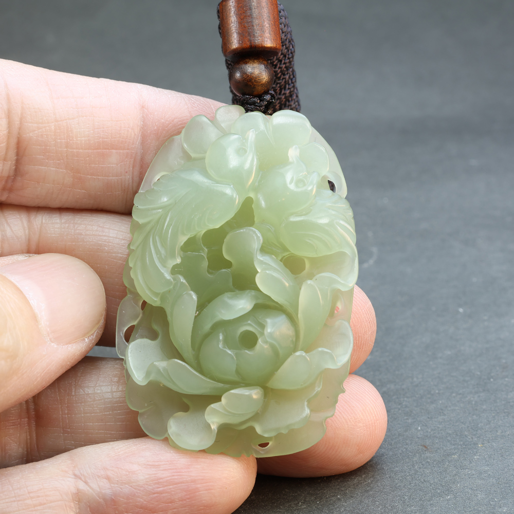 天然和田玉 冰湖水綠 質地細潤 花開富貴 好事成雙 項鍊 毛衣鍊(附鑑定證卡)