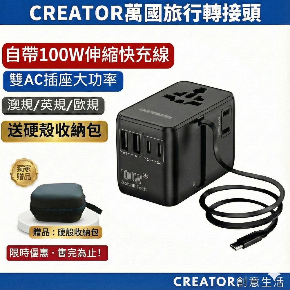 【CREATOR】100W旅行萬用轉接頭(PD快充 氮化鎵 一年保固)