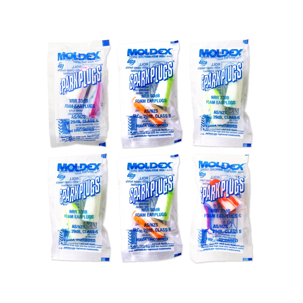 MOLDEX (6包超值組)美國-SparkPlugs超柔軟耳塞-型號6604不挑色炫彩版1對/包(NRR33dB降噪規格,隔音靜音助眠器,PU慢回彈小耳道適用)