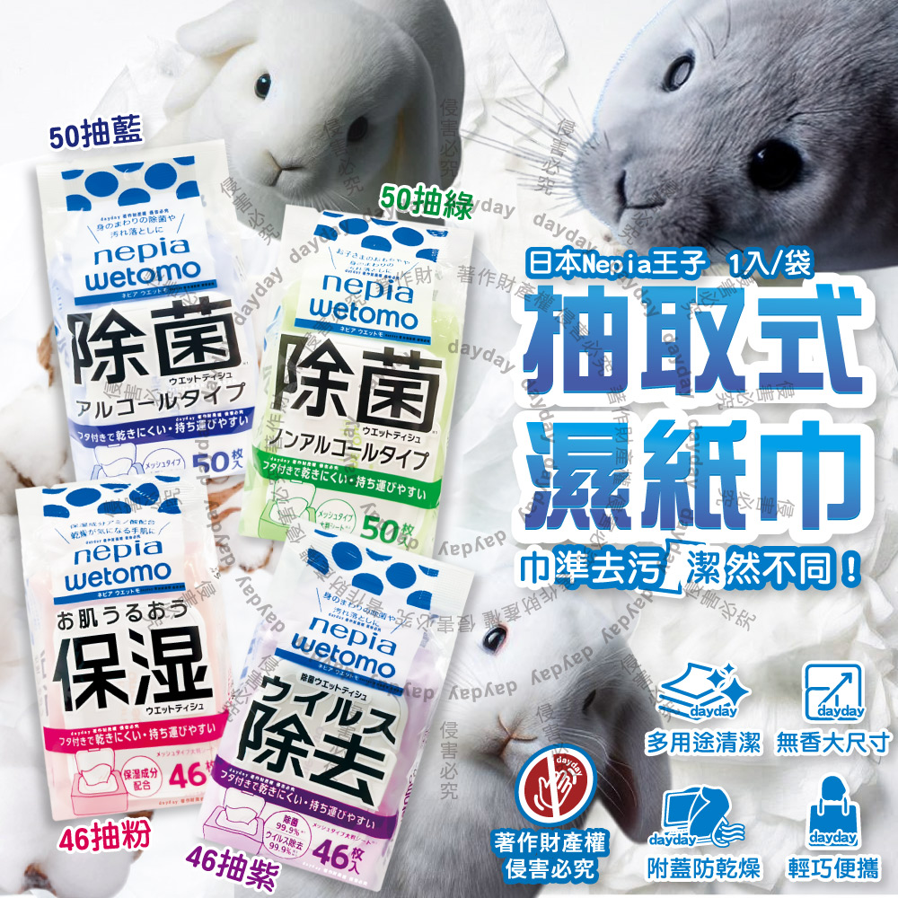 Nepia 王子 日本wetomo旅行無香清潔大尺寸濕紙巾1入/袋(附蓋抽取式便利攜帶妮飄濕巾)