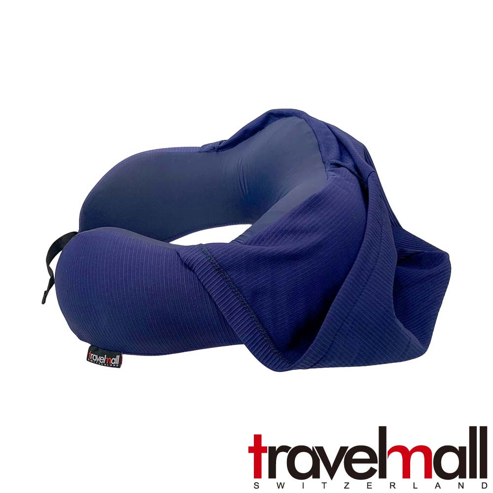 Travelmall 舒適記憶旅行連帽涼感頸枕-藍 (飛機枕/午睡枕/U型枕)