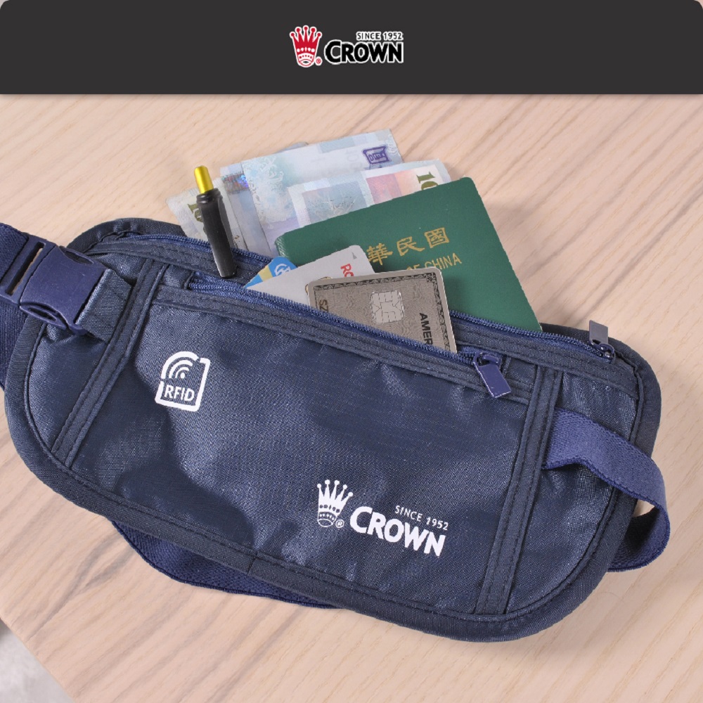CROWN 皇冠 RFID阻隔旅行腰包-深藍色 運動腰包 防盜腰包 旅行腰包