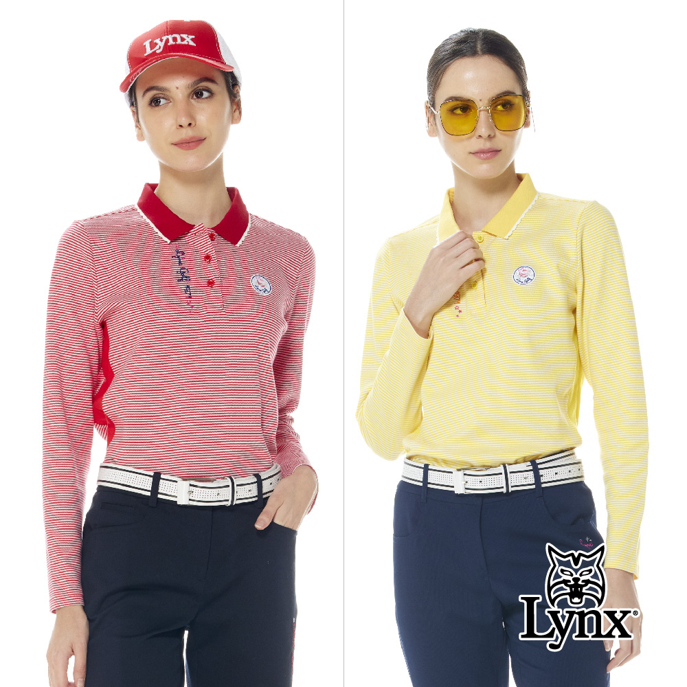 Lynx Golf 女款純棉材質百搭橫條紋精美花邊領脇邊剪裁設計長袖POLO衫/高爾夫球衫(二色)