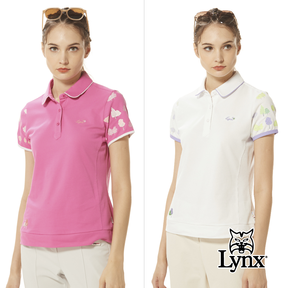 Lynx Golf 女款吸溼排汗素面森林風剪影兩袖印花配布剪接設計短袖POLO衫/高爾夫球衫(二色)