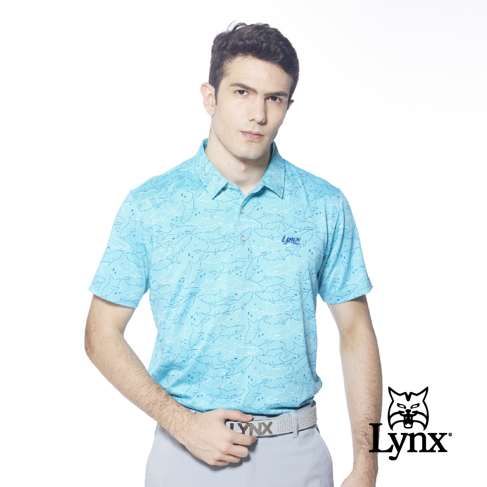 Lynx Golf 男款吸溼排汗機能滿版海洋鯊魚圖樣印花短袖POLO衫-藍綠色