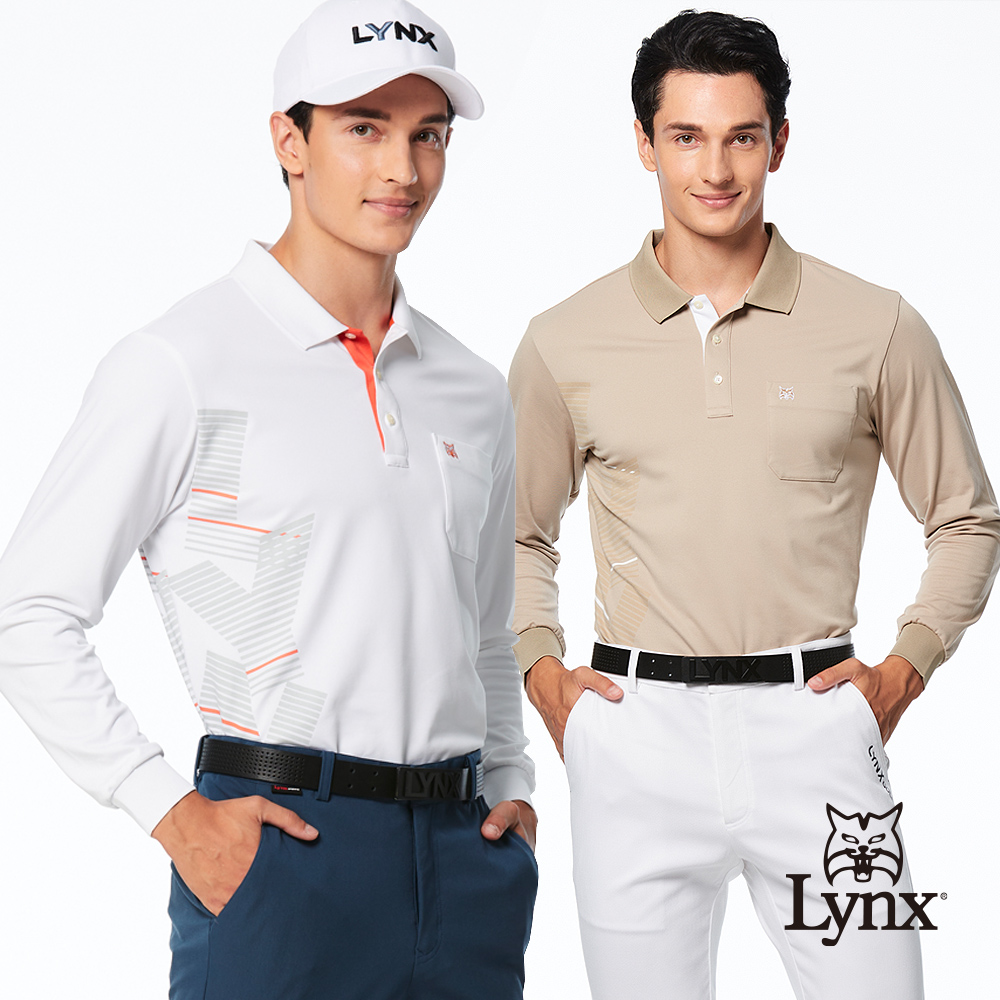 Lynx Golf 男款吸溼排汗抗UV羅紋領造型脇邊Lynx印花設計胸袋款長袖POLO衫(二色)