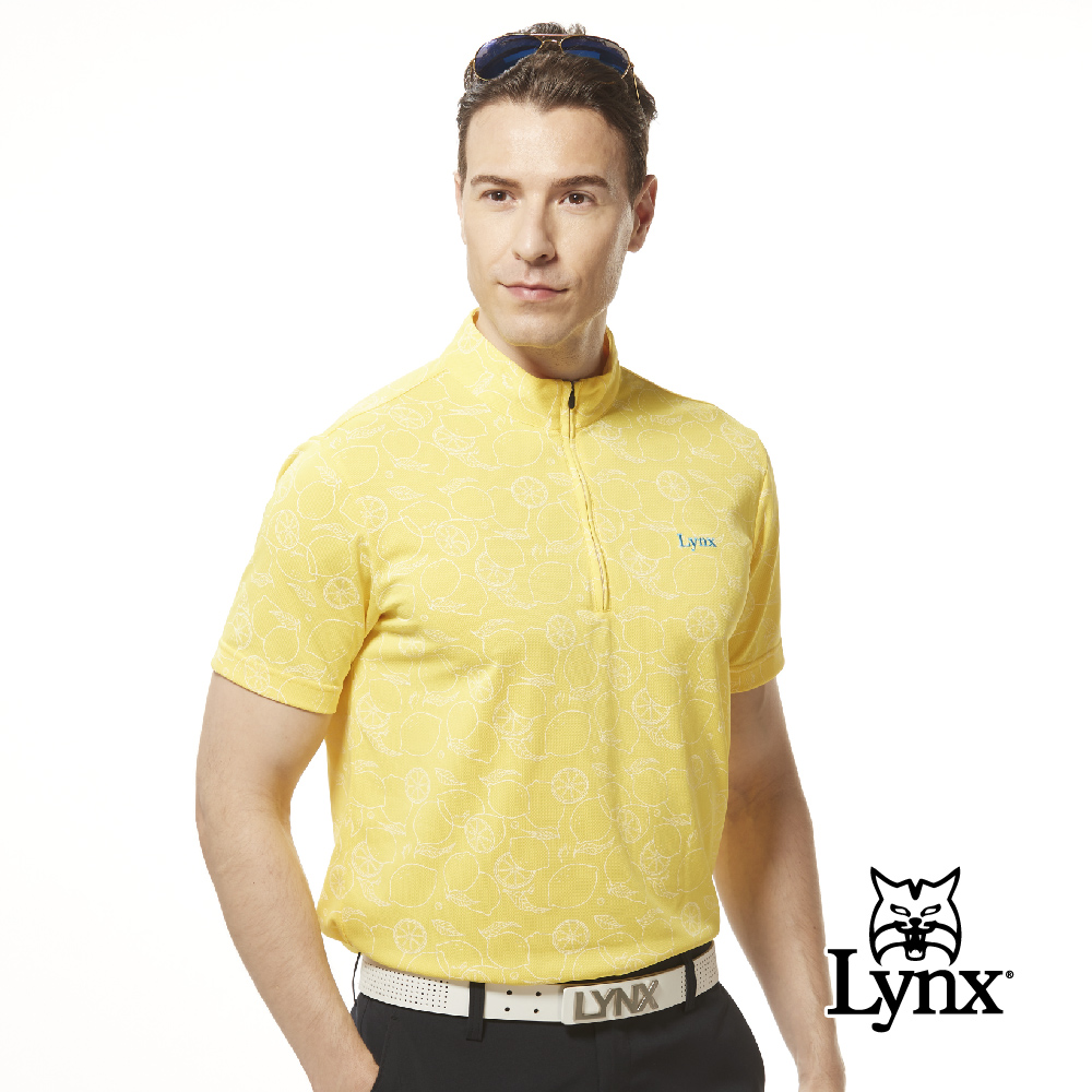 Lynx Golf 男款吸溼排汗機能網眼材質滿版檸檬圖樣印花短袖立領POLO衫/高爾夫球衫-黃色