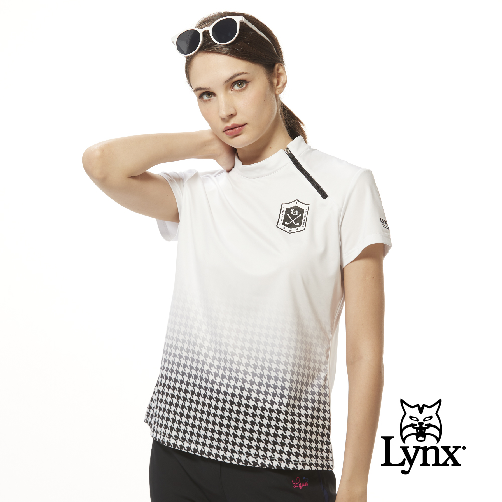 Lynx Golf 女款吸溼排汗機能側開拉鍊造型半身千鳥紋印花短袖POLO衫/高爾夫球衫-白色