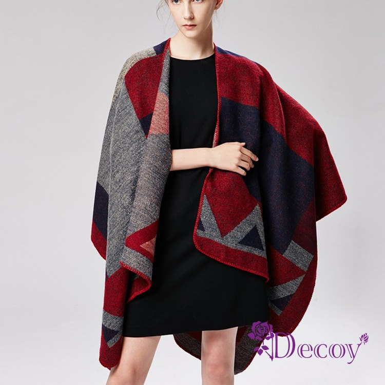 Decoy 菱形拼接雙色加大保暖斗篷式披肩/紅