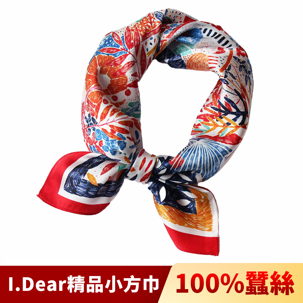 I.Dear 100%蠶絲歐美圖騰頂級印花真絲領巾小方巾(抽象橘紅)
