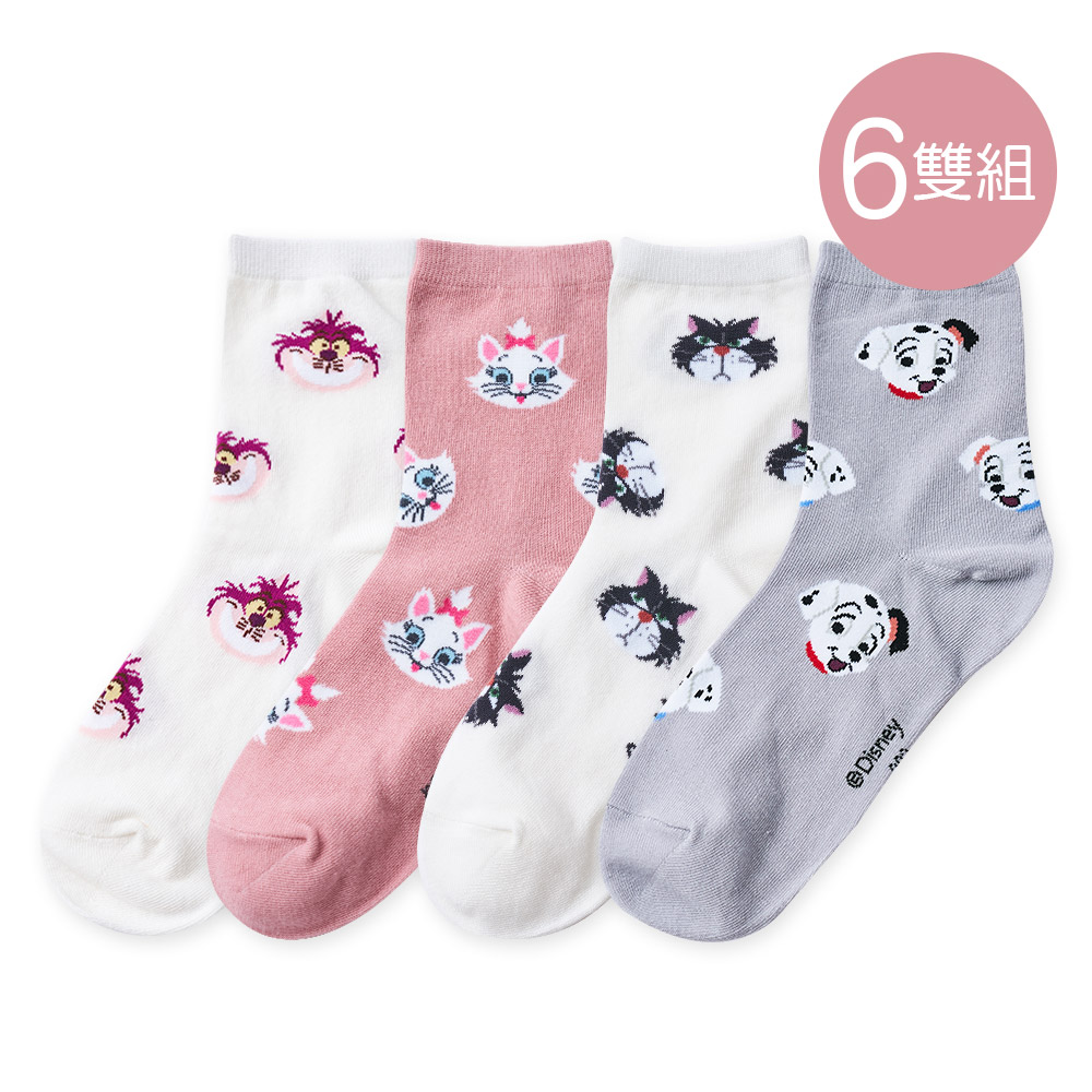 ONEDER 旺達 【ONEDER 旺達】迪士尼滿版中筒襪 瑪麗貓 柴郡貓長襪22-26cm-6雙組(AC-A304)