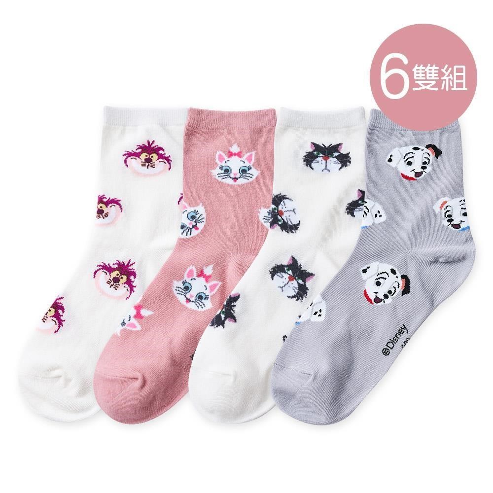 ONEDER 旺達 迪士尼滿版中筒襪 瑪麗貓 柴郡貓長襪22-26cm-6雙組(AC-A304)
