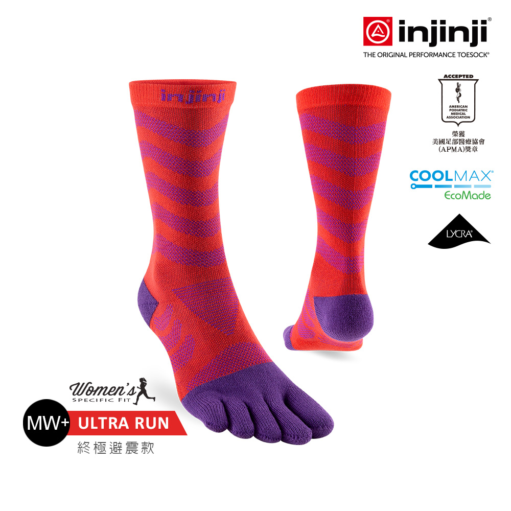 INJINJI 女 Ultra Run終極系列五趾中筒襪(華麗紅紫)-WAA6877|吸濕排汗 推薦女生 避震緩衝