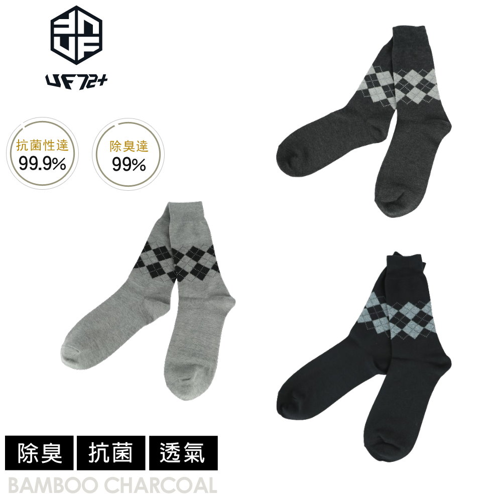UF72 []三入組/UF5021/(24-26)elf臭除竹炭菱格紋中統休閒襪