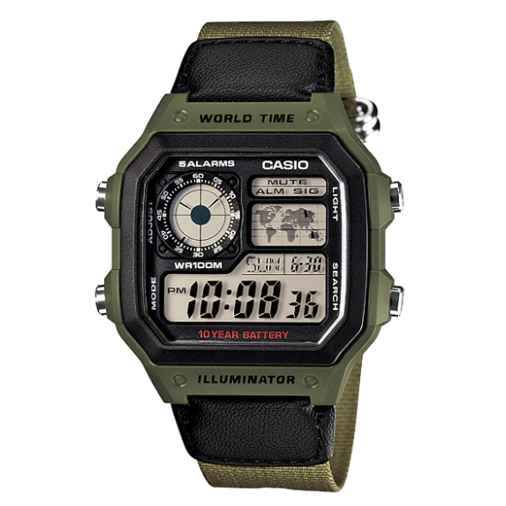 CASIO 卡西歐 全方位世界地數理位綠帆布帶休閒錶-(AE-1200WHB-3B)