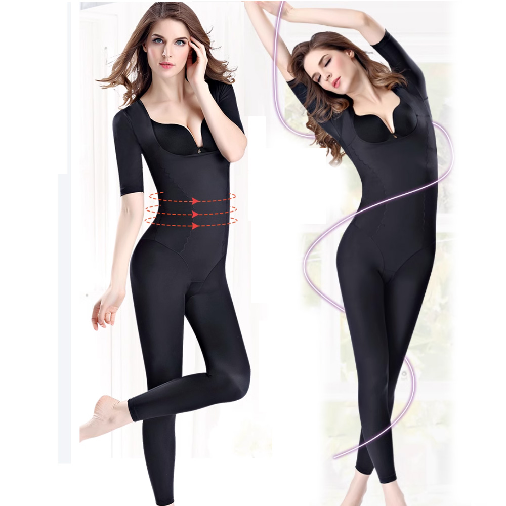 狐狸姬，塑身衣後脫半袖長褲修飾連身褲塑身褲(黑S-3XL)
