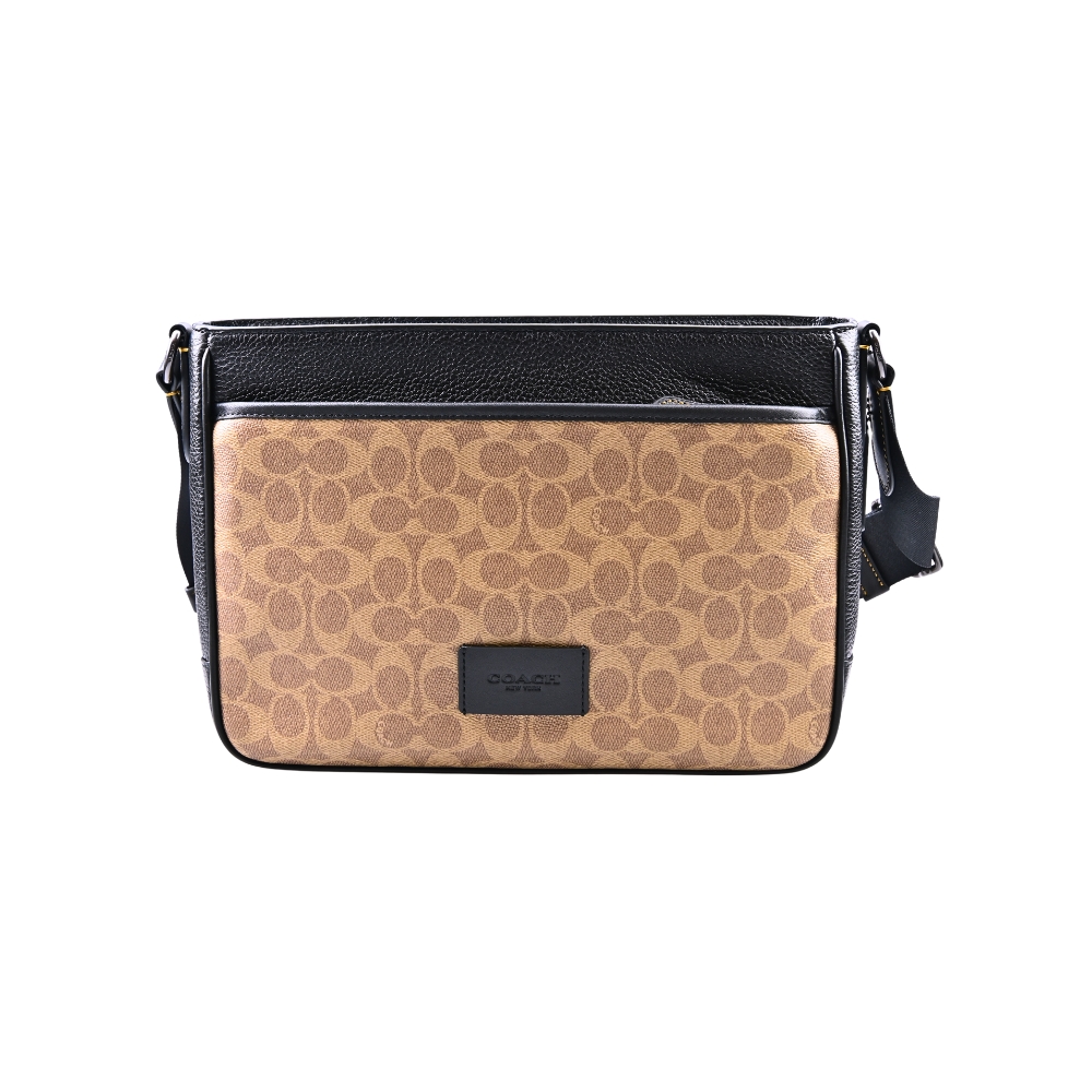 COACH 蔻馳 深棕C Logo黑色荔枝紋皮飾方型斜背男包