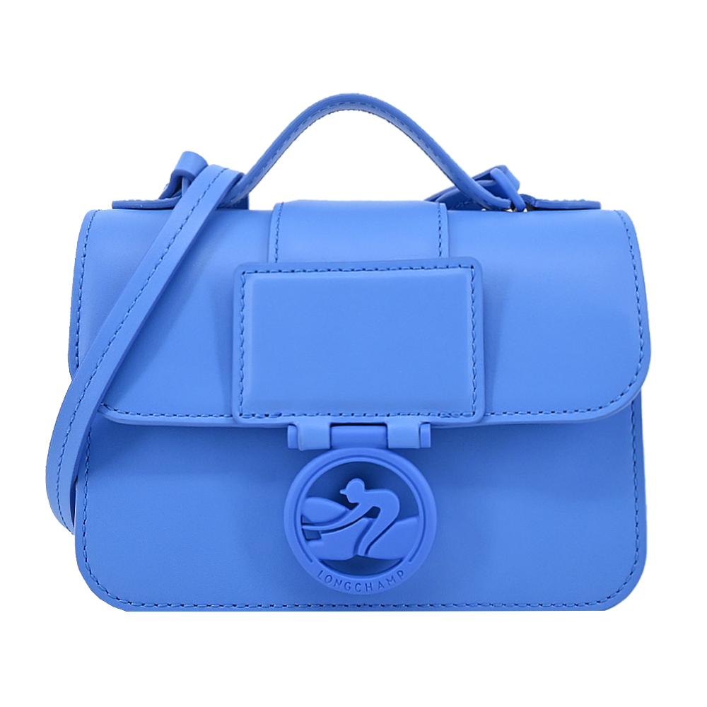Longchamp BOX-TROT系列小牛皮同色LOGO翻蓋斜背包(迷你/鈷藍)