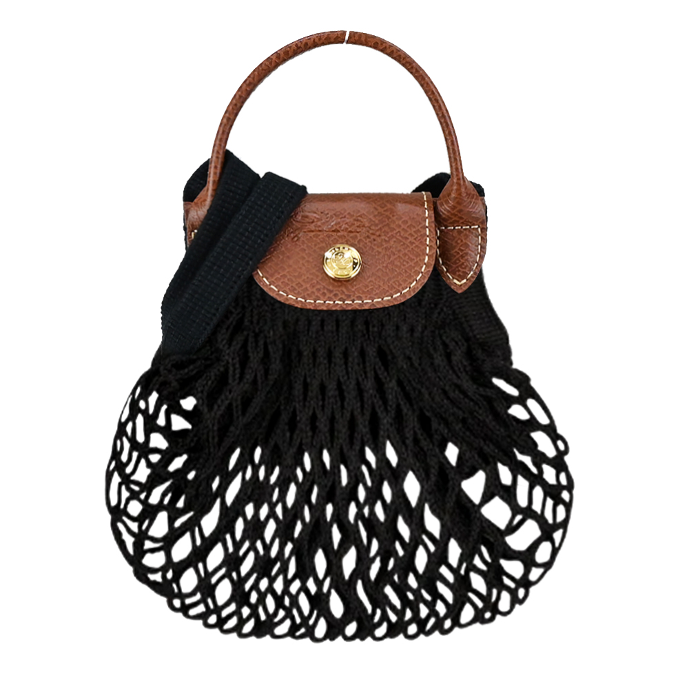 Longchamp LE PLIAGE FILET系列網狀棉質手提/斜背兩用包(迷你/黑)