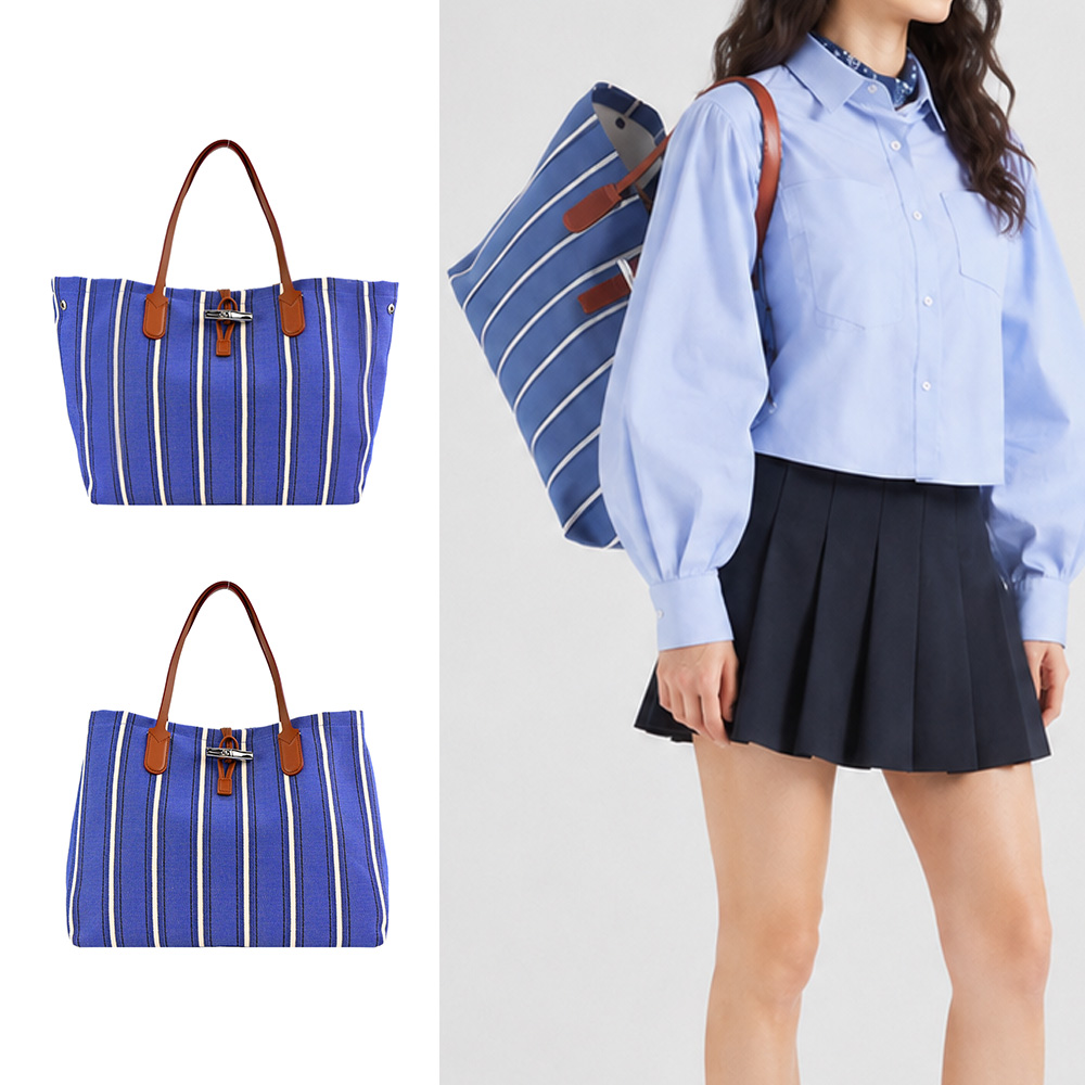 Longchamp ROSEAU ESSENTIAL RAYE系列竹節帆布條紋托特包(大/鈷藍)